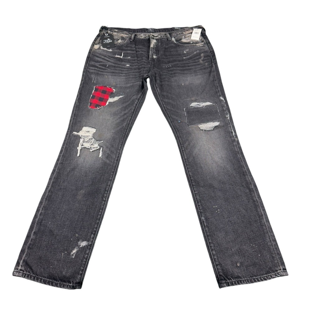 PRPS Black Bleach Wash Distress Patchwork Mens Demon‎ Slim Fit Jean 38X34 NWT